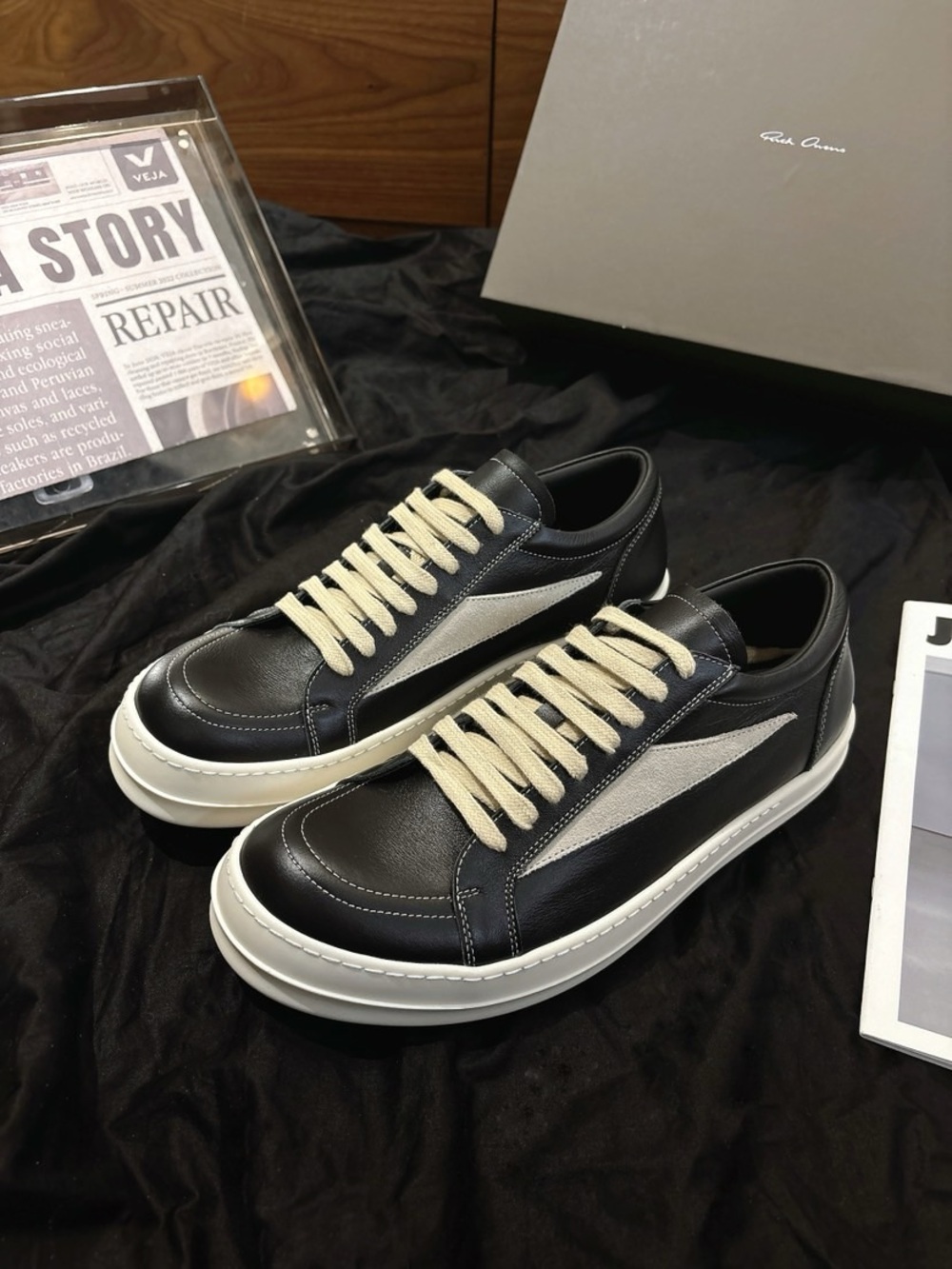 Rick Owens Black Leather Sneakers with White Panels and Cream Laces